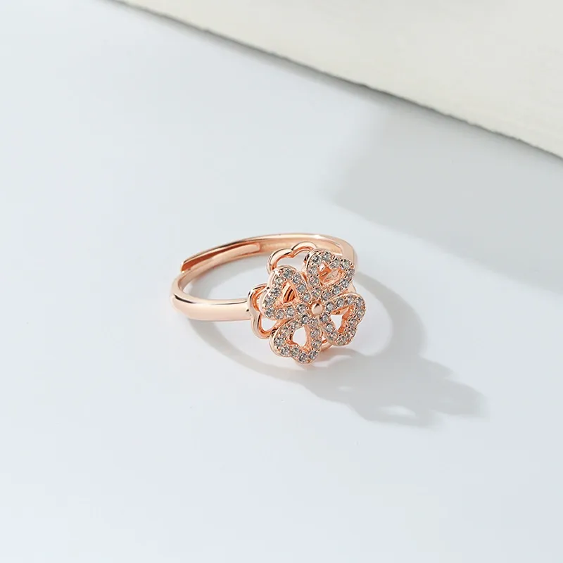 INS1155-Four-Leaf Clover Spinner Rings Anxiety Fidget Ring for Anxiety Sterling Silver Plated Cubic Zirconia Flower Ring Relieving Stress Open Stacking Finger Calming Gifts Birthday Daughter Fashion Promise Engagement Statement Jewelry St Patrick's Day