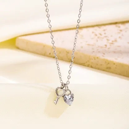 INS3108-925 Sterling Silver Heart Key Necklaces for Women Pink CZ Pendant Necklace Dainty Mother Daughter Friendship Necklace Adjustable Chain 15.75"+197" Back to School Jewelry Christmas Gifts for Her