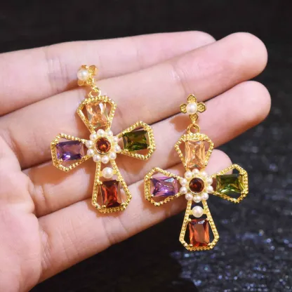 INS2096-Colorful Crystal Cross Dangle Stud Earrings for Women CZ Rhinestone Pearl Dangling Charm Drop Earrings Statement Studs Boho Fashion Jewelry