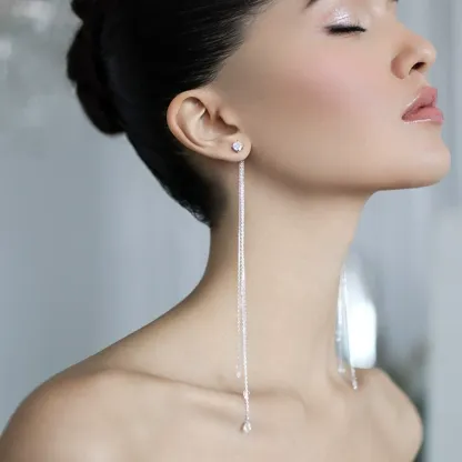 INS2382-S.Leaf 18Karat Gold Plated Chain Threader Earrings for Women Trendy 925 Sterling Silver Hypoallergenic Cubic Zirconia Dangle Chain Threader Double Piercing Pull Through Earrings Women