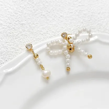 INS2427-Bow Earrings for Women,14k Gold/Sterling Silver Plated Bow Ribbon Stud Earrings Drop Dangle Bow Tie Hoop Dainty Earrings Pearl Bow Earring Trendy Jewelry