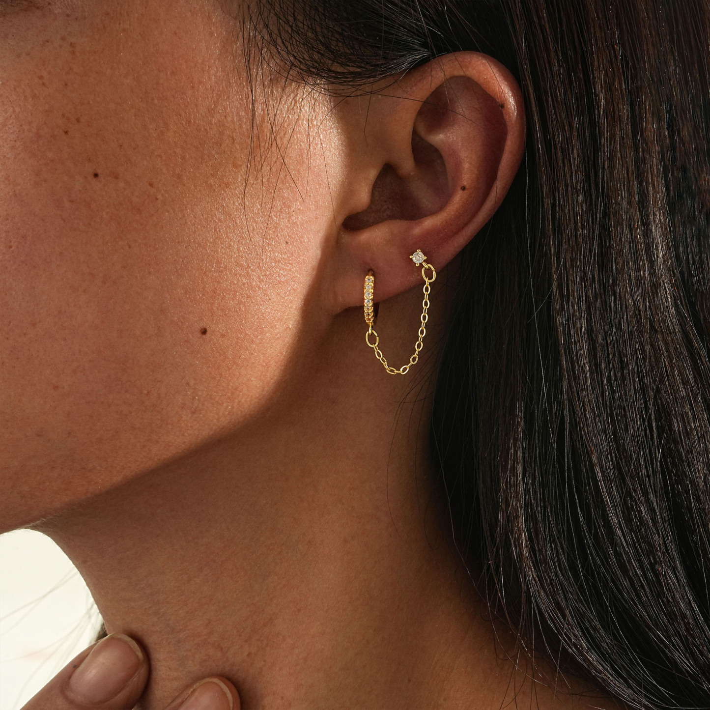 INS2331-925 Sterling Silver Gold Plated Four Zircons Flower Stud Chain Earrings | Double Piercing Dangle Chain Huggie Hoop Earrings | Four Zirconia Stud Earrings Jewelry Gifts for Women