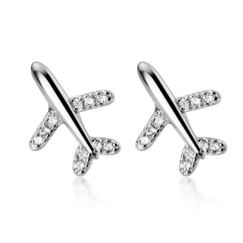 INS2162-Helen de Lete Women's Airplane Rhinestone Plane S925 Sterling Silver Stud Earrings