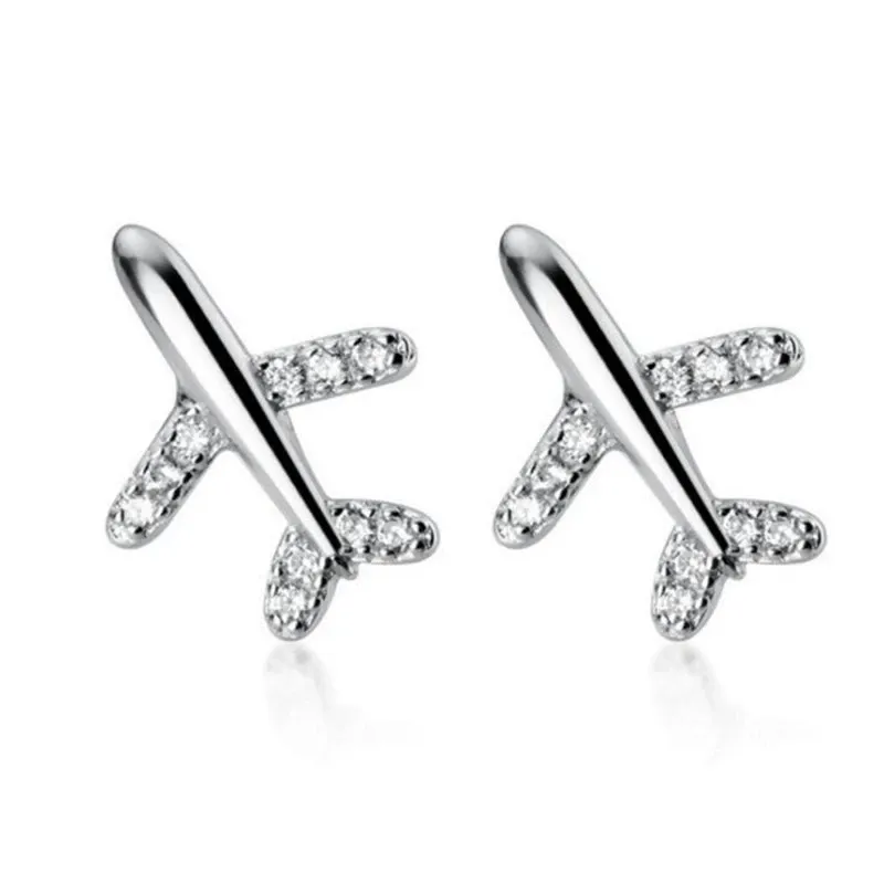 INS2162-Helen de Lete Women's Airplane Rhinestone Plane S925 Sterling Silver Stud Earrings