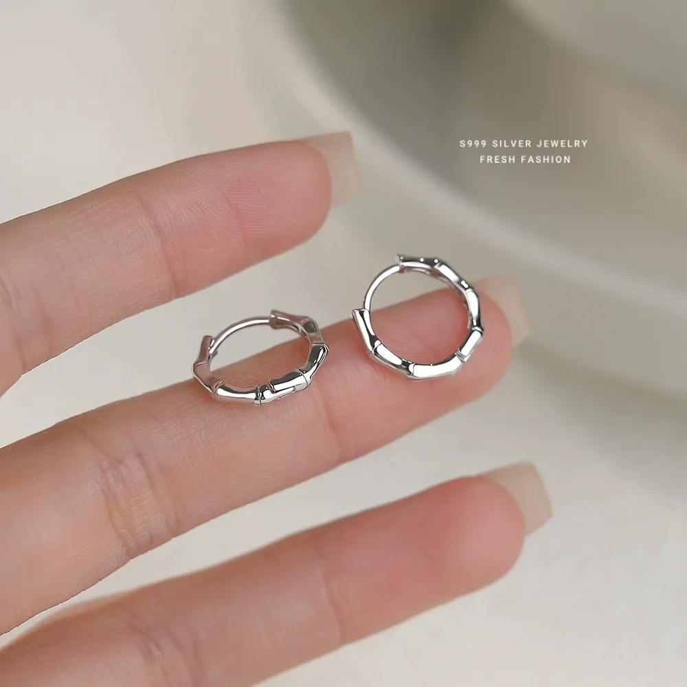 INS2315-Silver Bamboo Hoop Earring for Women Men Dainty Small Bamboo Bone Huggie Earring