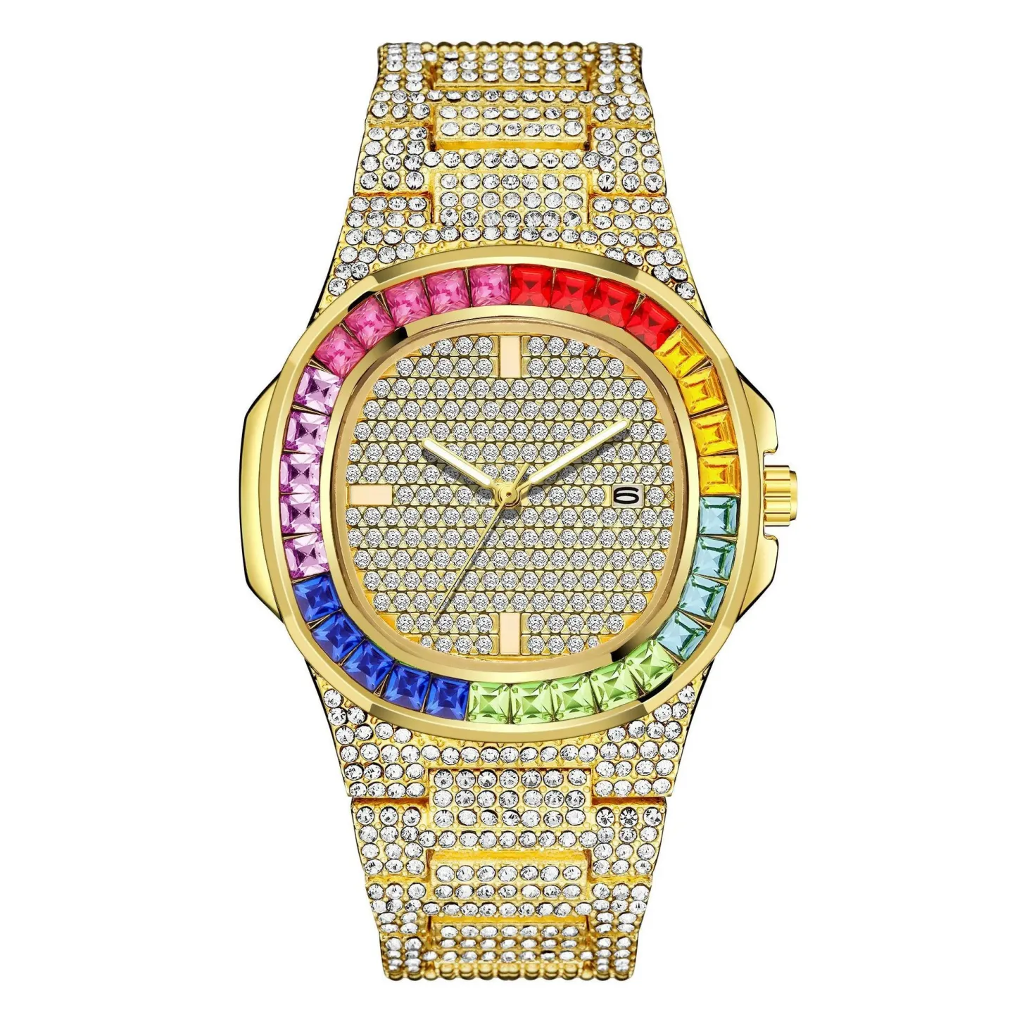 W-1011-Luxury Bling-ed Out Colorful Full Diamond Watches Fashion Quartz Analog Stainless Steel Band Bracelet Wrist Watch