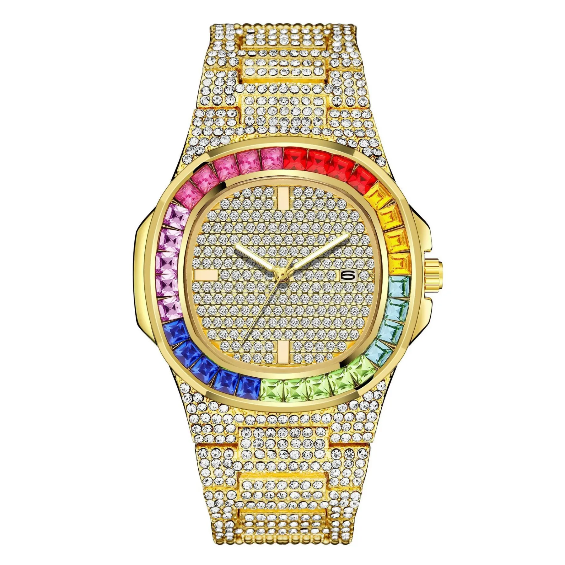 W-1011-Luxury Bling-ed Out Colorful Full Diamond Watches Fashion Quartz Analog Stainless Steel Band Bracelet Wrist Watch