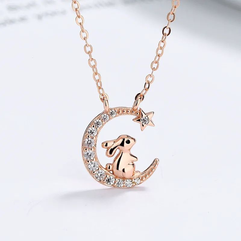 INS3120-Ornaland Chinese Zodiac Necklace 925 Sterling Silver Rose Gold Pendant Charm Necklace Zircon Moon and Star Necklace Cute Animal Jewelry Gifts for Women