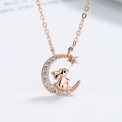 INS3120-Ornaland Chinese Zodiac Necklace 925 Sterling Silver Rose Gold Pendant Charm Necklace Zircon Moon and Star Necklace Cute Animal Jewelry Gifts for Women