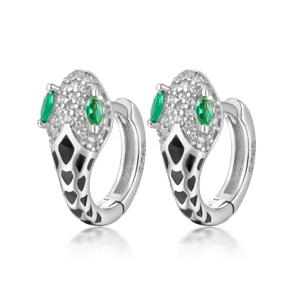 INS2306-14K Gold Plated Snake Hoop Earrings with Green Crystal Eyes, Cobra Design Huggie Hoops, Vintage Style Jewelry Collection
