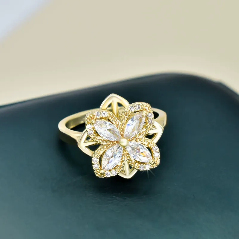 INS1021-Ornaland Fidget Spinner Rings Adjustable Open Four Leaf Clover Ring Gold Cubic Zirconia Ring, Rotatable Cuff Pinwheel Ring for Women, 17.3mm