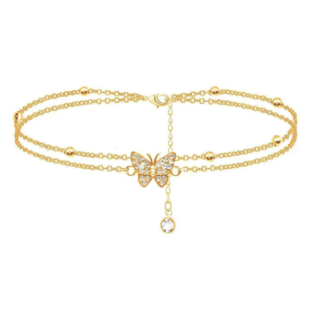 INS4052-14K Butterfly Silver - Adjustable Layered - Jewelry Anklet Gifts for Women Teen Girls