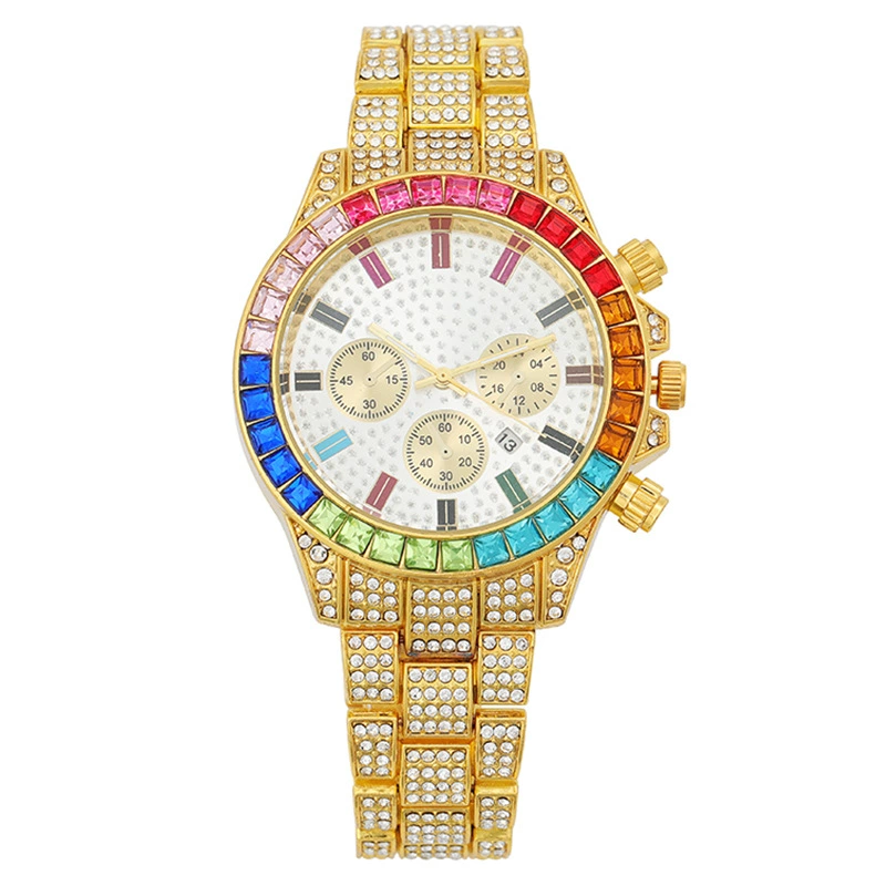 W-2052-Apzzic Iced Out Colorful Full Diamond Watch CZ Gold Plated Fashion Quartz Analog Band Bracelet Wrist Watch for Men Women