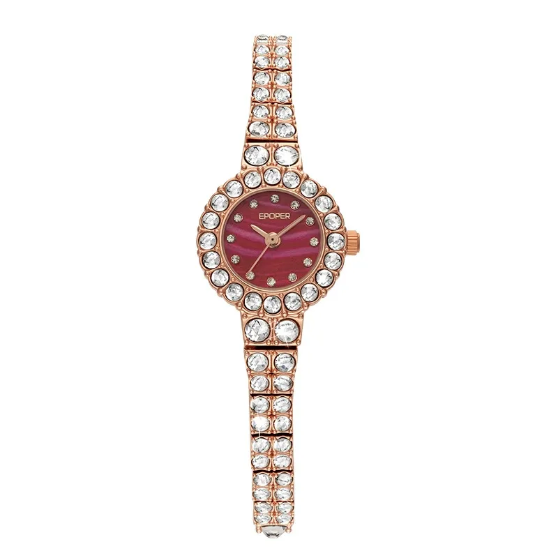 W-2038-Gullor King Girl Royal Rose Gold Bracelet Watch Women Full Crystal Diamonds for Ladies Quartz- Pink Dial