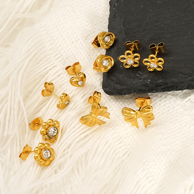 INS2102-Bow Gold-Plated Stainless Steel Tiny Stud Earrings, Cartilage Helix Piercing Jewelry