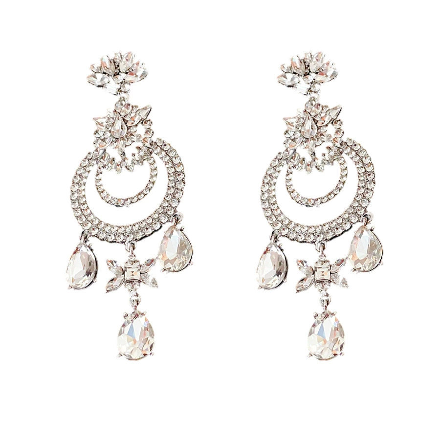 INS2424-mecresh Flower Teardrop Bridal Wedding Dangle CZ Earrings in Silver/Gold Tone for Women Girl Bride Gift 