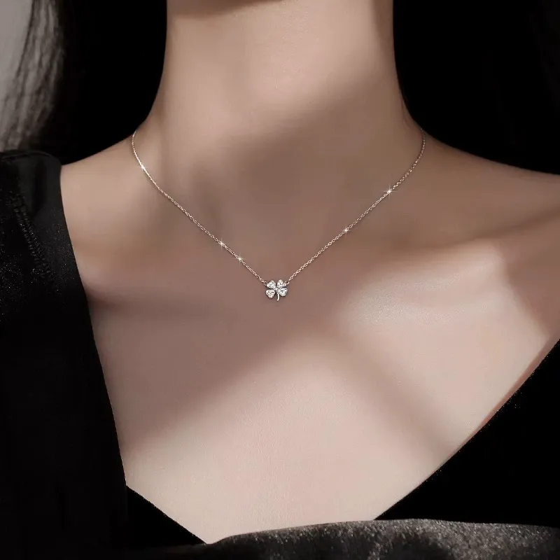 INS3208-Four-Leaf Clover Necklace with Sparkling Rhinestone Diamonds to Elevate Your Style - Silvery Four Leaf Clover Clavicle Pendant Necklace For Women