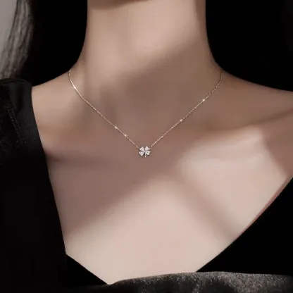 INS3208-Four-Leaf Clover Necklace with Sparkling Rhinestone Diamonds to Elevate Your Style - Silvery Four Leaf Clover Clavicle Pendant Necklace For Women