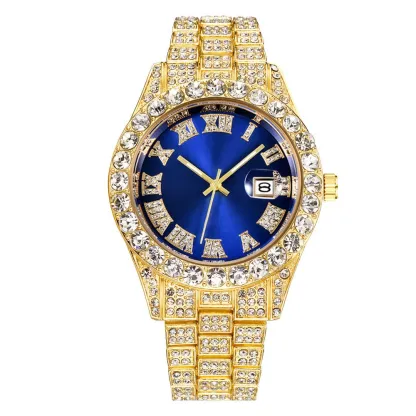 W-1018-Women's Watches Éurópéans and American Alloy Big Rhinestone Diamond Men's Watch Roman Scale Calendar Gold Green Full Diamond Watch