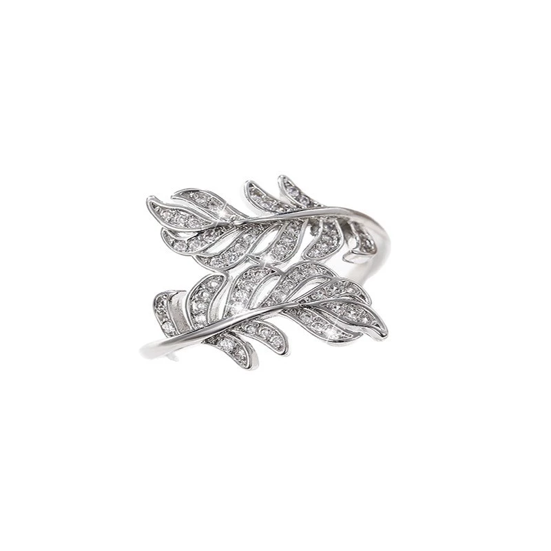 INS1204-925 Sterling Silver shiny leaf shape full drill Cubic Zirconia Rings Diamond Rings for Women Jewelry Findings Earring Backs Findings (US Code 8)