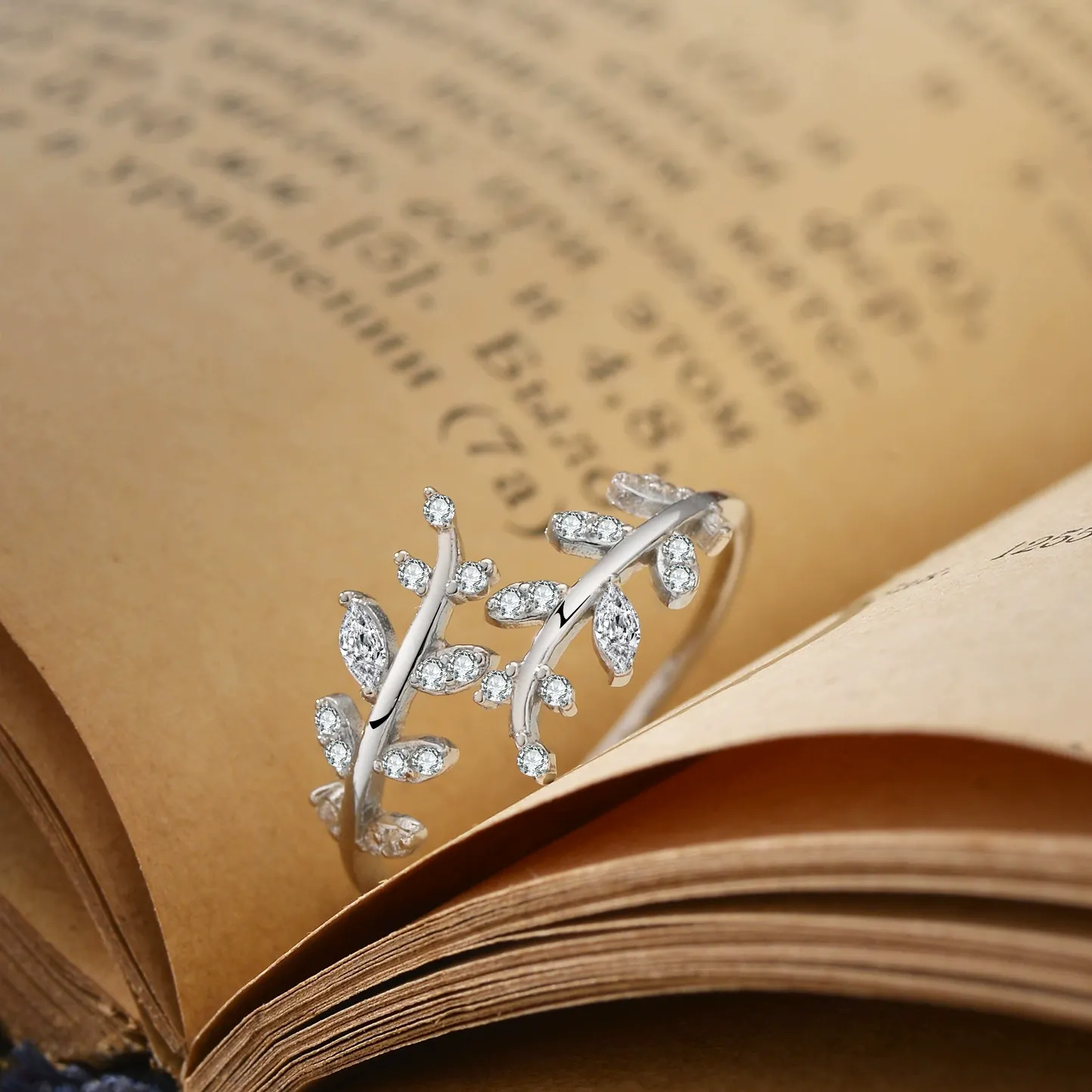 INS1082-Adjustable S925 Sterling Silver Ring for Women,Branch Leaves Band Stacking Finger Ring,Paved Cubic Zirconia Stone Stackable Open Ring