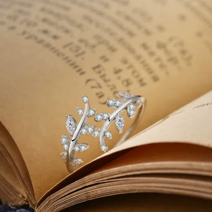 INS1082-Adjustable S925 Sterling Silver Ring for Women,Branch Leaves Band Stacking Finger Ring,Paved Cubic Zirconia Stone Stackable Open Ring