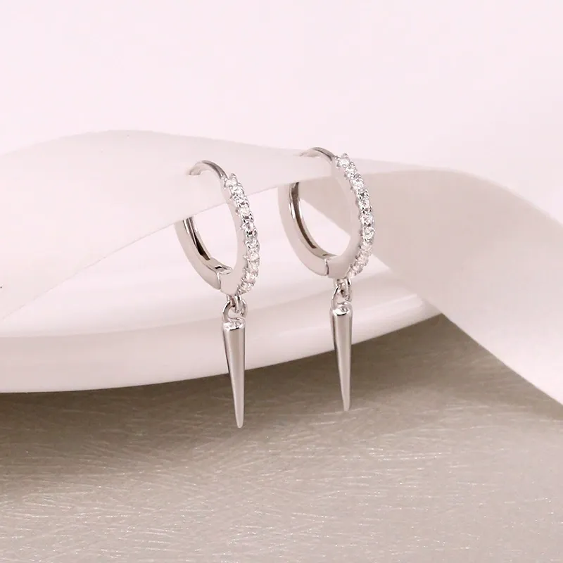 INS2409-20GA 925 Sterling Silver Zircon Crystal Lined Dangling Spike Huggie Hoop Earrings, Sold as a Pair