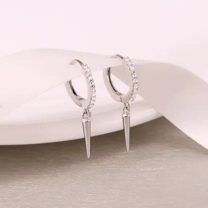 INS2409-20GA 925 Sterling Silver Zircon Crystal Lined Dangling Spike Huggie Hoop Earrings, Sold as a Pair
