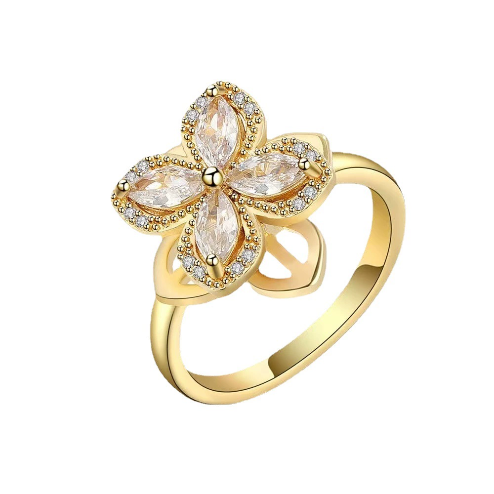 INS1021-Ornaland Fidget Spinner Rings Adjustable Open Four Leaf Clover Ring Gold Cubic Zirconia Ring, Rotatable Cuff Pinwheel Ring for Women, 17.3mm