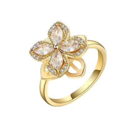 INS1021-Ornaland Fidget Spinner Rings Adjustable Open Four Leaf Clover Ring Gold Cubic Zirconia Ring, Rotatable Cuff Pinwheel Ring for Women, 17.3mm