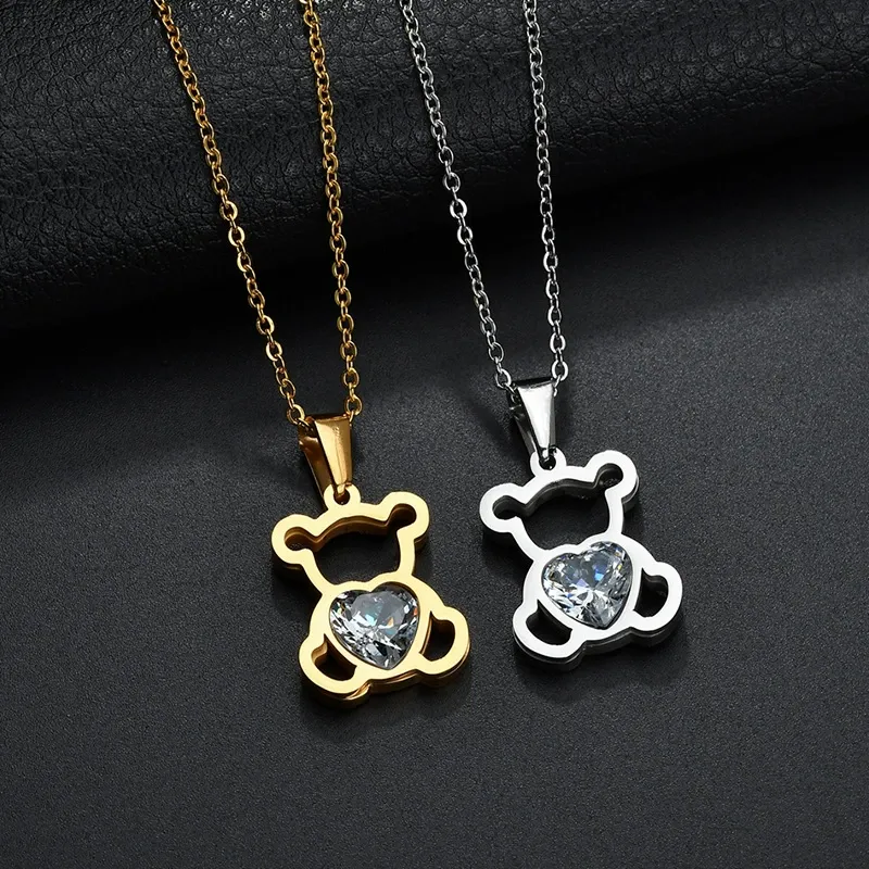INS3041-AFFY Teddy Bear Pendant Necklace for Women, 14K Gold Over 925 Sterling Silver with Heart-Shaped Simulated Birthstone, Cute Love Jewelry Gift with 18" Rope Chain