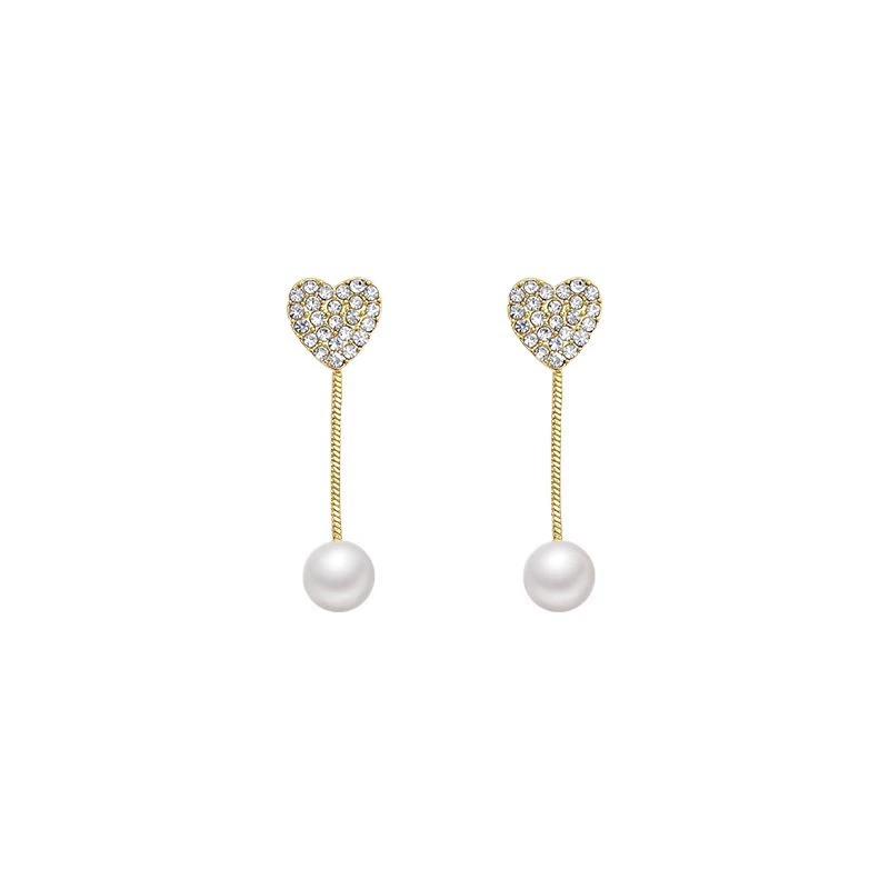 INS2062-Bohemian Crystal Heart Pearl Jacket Earrings Gold Cz Paved Heart Earrings Round Pearl Dangle Earrings Tiny Rhinestone Heart Earrings Jewelry for Women Gifts