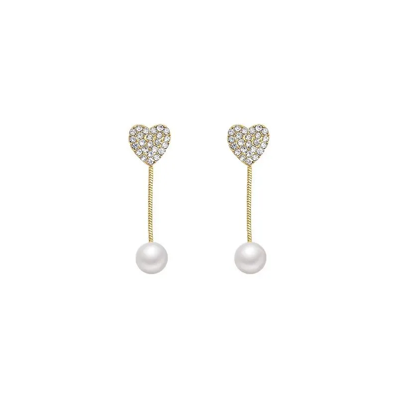 INS2062-Bohemian Crystal Heart Pearl Jacket Earrings Gold Cz Paved Heart Earrings Round Pearl Dangle Earrings Tiny Rhinestone Heart Earrings Jewelry for Women Gifts