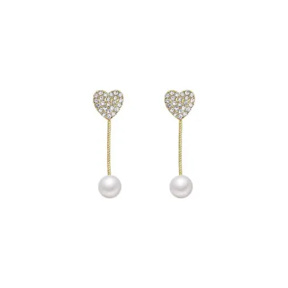 INS2062-Bohemian Crystal Heart Pearl Jacket Earrings Gold Cz Paved Heart Earrings Round Pearl Dangle Earrings Tiny Rhinestone Heart Earrings Jewelry for Women Gifts