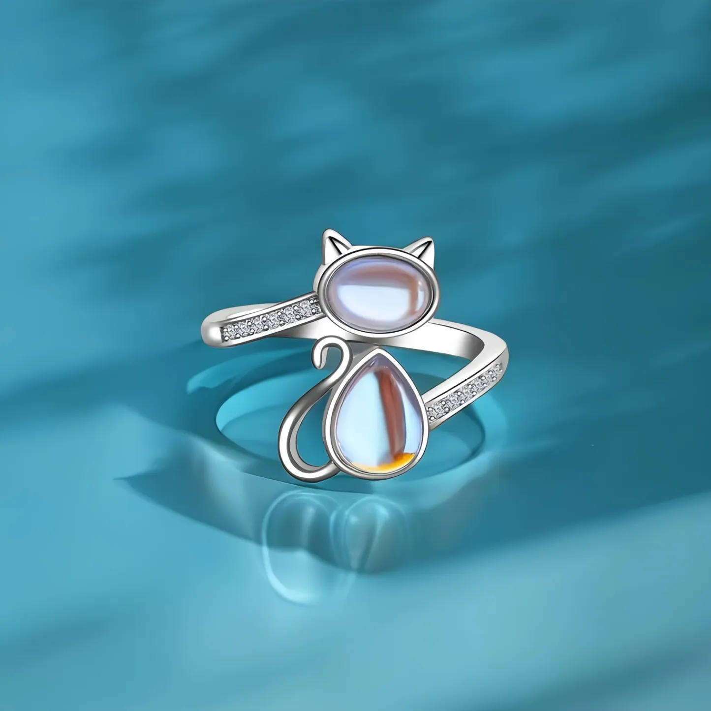 INS1067-OIDIMS Cute Moonstone Cat Ring for Women Dainty CZ Crystal Wrap Finger Band Lovely Kitten Cats Animals Open Adjustable Rings Fashion Comfort Fit Stacking Jewelry Pet Lovers Niece Daughter