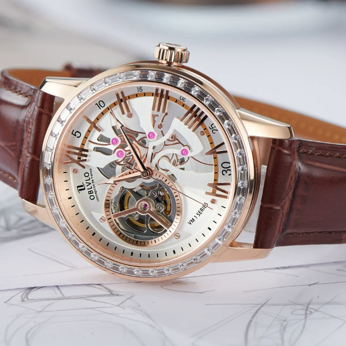 W-1010-Skeleton Automatic Wristwatch with Leather Strap, Blue Dial, Diamonds Bezel-Men