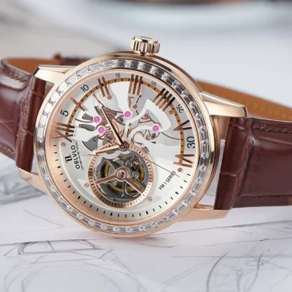 W-1010-Skeleton Automatic Wristwatch with Leather Strap, Blue Dial, Diamonds Bezel-Men