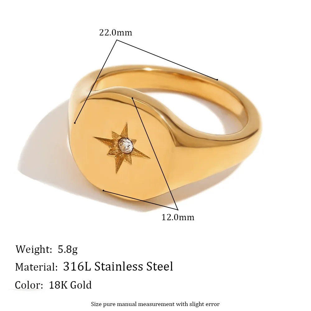 INS1262-PAVOI 14K Gold Plated Engraved Signet Ring with North Star | Lightweight Thick Statement Rings for Women | Everyday Jewelry