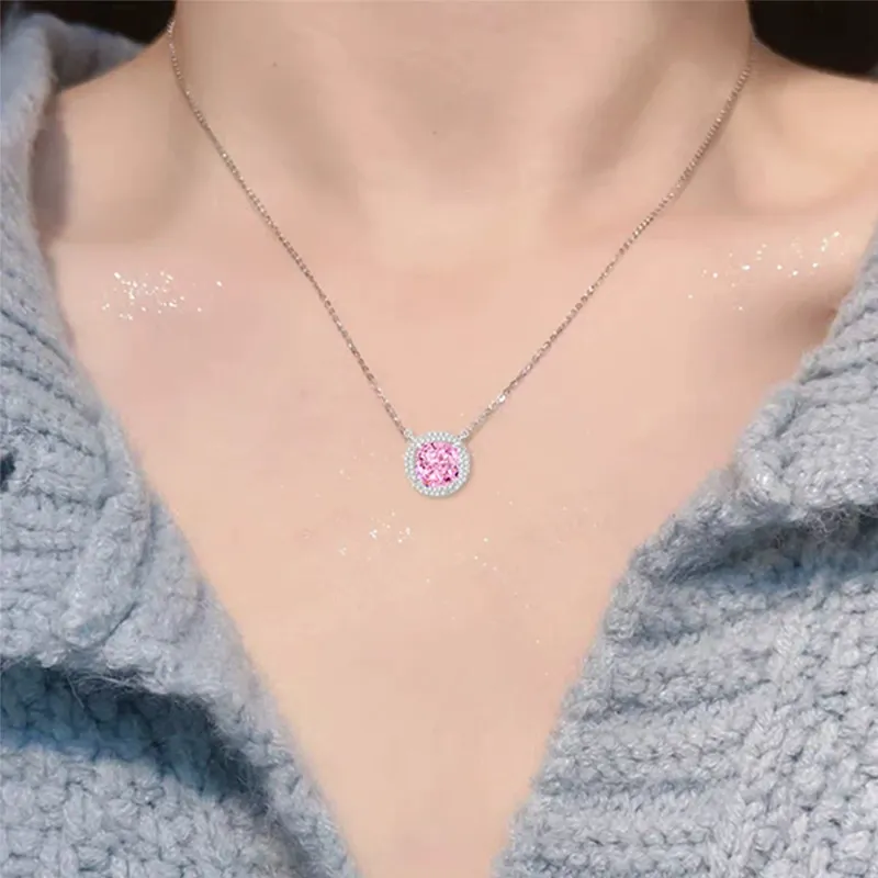 INS3176-Sterling Silver Necklace for Women Dainty Pink Pendant Sparkling Halo Necklace Round Solitaire Pendant Diamond Jewelry Pink