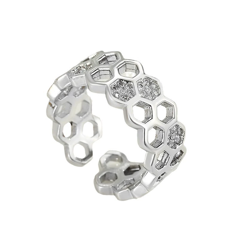 INS1080-OIDIMS Cubic Zirconia Bee Honeycomb Ring Open Engagement Statement Wedding Stacking Finger Rings Adjustable Fashion Diamond Crystal Unique Thumb Ring Cute Jewelry for Women Men