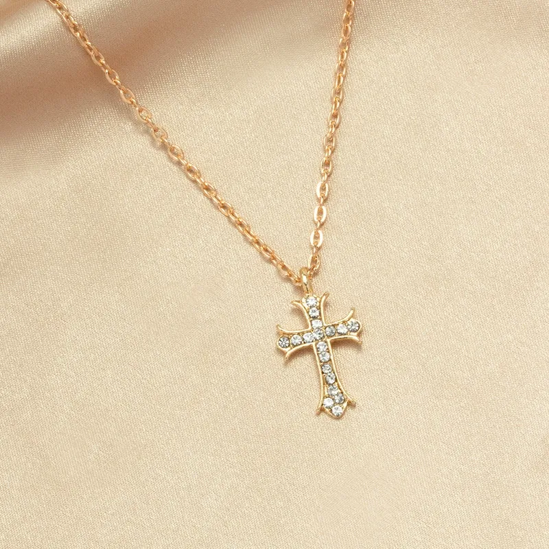 INS3076-MEVECCO Gold Cross Necklace 18K Gold Plated Cubic Zircon Cross Pendent Necklace Handmade Simple Dainty Chain Necklace Everyday Jewelry