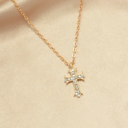 INS3076-MEVECCO Gold Cross Necklace 18K Gold Plated Cubic Zircon Cross Pendent Necklace Handmade Simple Dainty Chain Necklace Everyday Jewelry