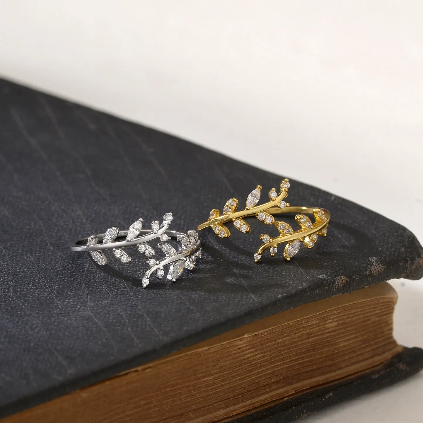 INS1082-Adjustable S925 Sterling Silver Ring for Women,Branch Leaves Band Stacking Finger Ring,Paved Cubic Zirconia Stone Stackable Open Ring