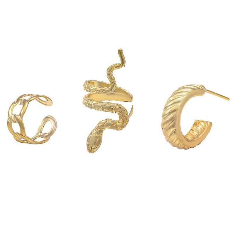 INS2297-Gold Punk Snake Cuff Wraps Crawler Climber Studs Earrings for Women Dainty Cartilage Piercing Statement Jewelry