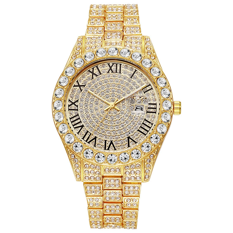 W-2053-OIDEAMen's Rhinestone Diamond Watch: Luxury Roman Numeral Quartz Analog Watches for Men Waterproof Date Wrist Watch Business Casual Dress Watch Iced Out Watch