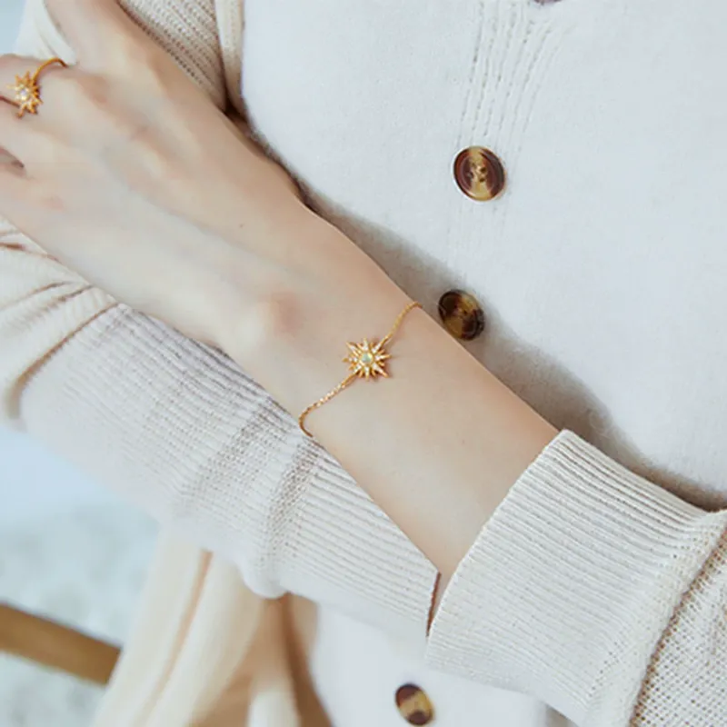 INS4098-Sun Bracelet, 14K Solid Gold Celestial Bracelet, Dainty initial Sun Bracelet, Minimalist 14K Gold Sun Bracelet (14K - Yellow Gold, 6.5 inches)