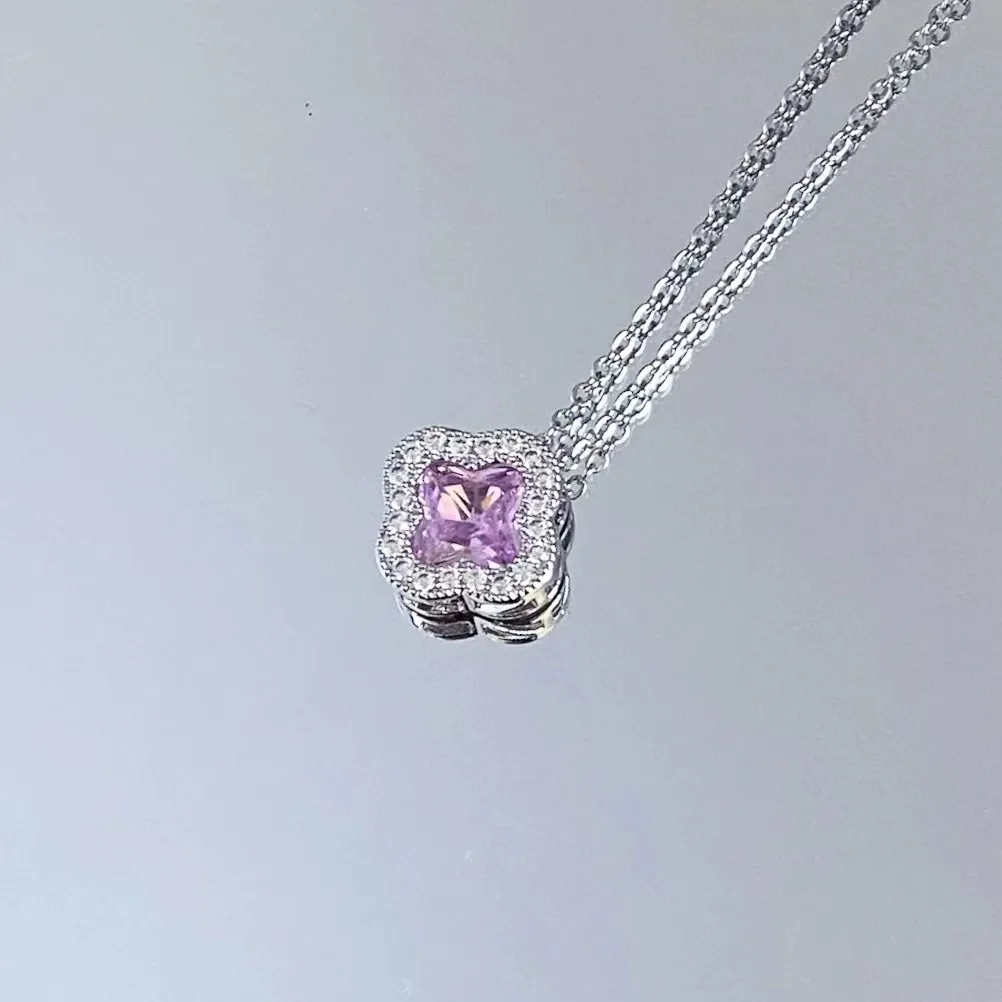 INS3223-Pink Zircon Main Around Chain Necklace 925 Sterling Silver Flower Pendant Jewelry For Women Anniversaries