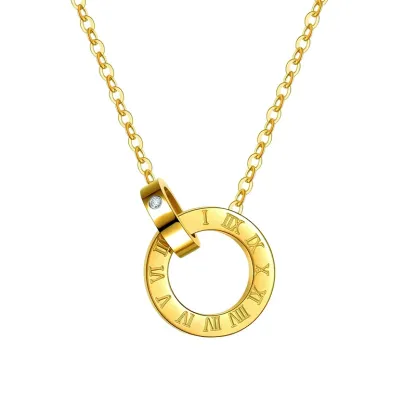 INS3031-Roman Numeral Circle Pendant Necklace, 18K Gold-Plated Chain, Crystal Accent