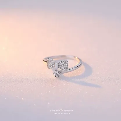 INS1057-Sparkly Rhinestone Bow Knot Statement Ring for Women S925 Sterling Silver Bows Cubic Zirconia Open Engagement Rings Wrap Finger Band Anniversary Fashion Jewelry