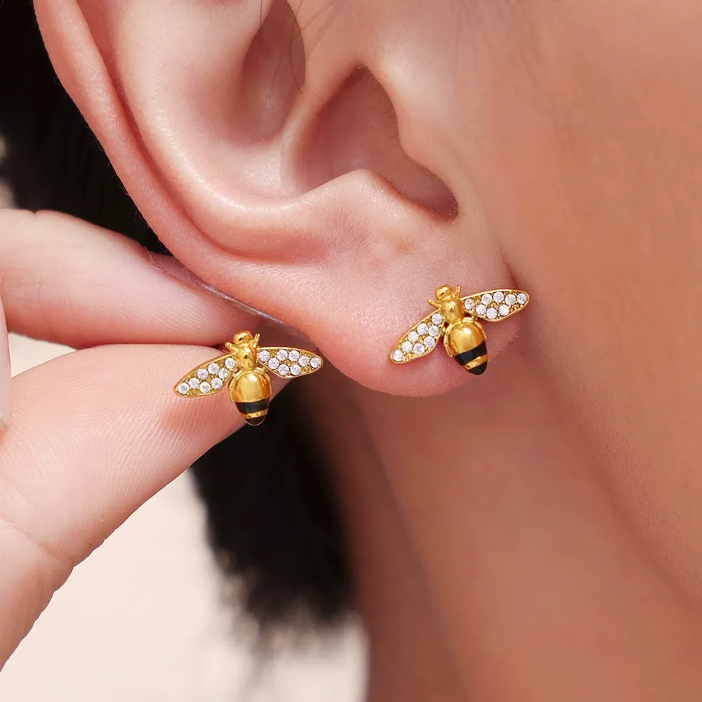 INS2285-Cute Bee Stud Earrings for Women Gold Plated CZ Crystal Honeybee Cartilage Tiny Studs Earring Fashion Jewelry Birthday Christmas